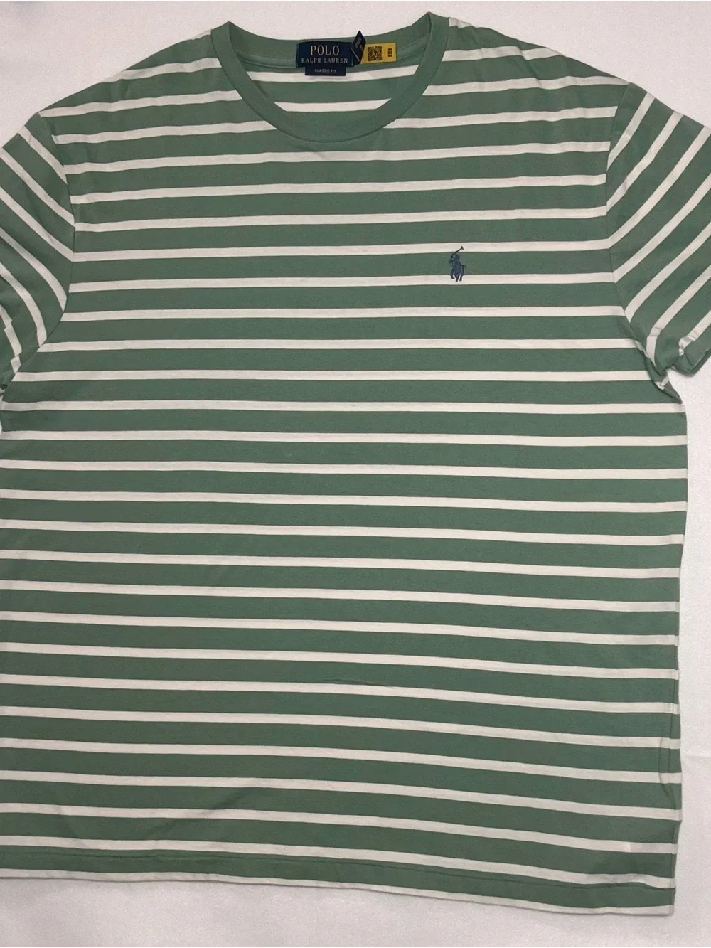 Polo by Ralph Lauren Green and White Striped Crew Tee with Blue Pony